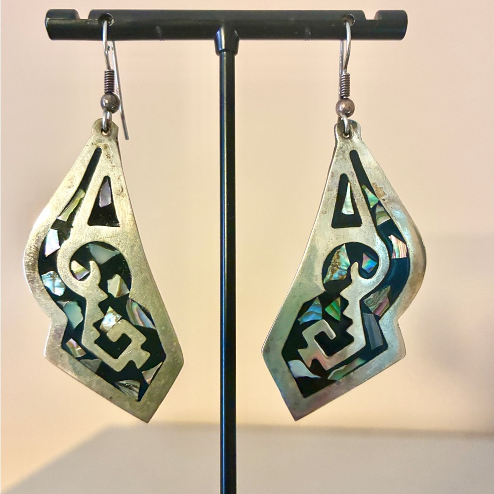 Onyx Abalone Inlay Art Vintage Mexico Earrings